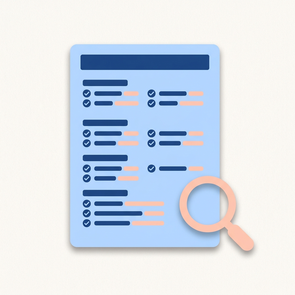A flat editorial infographic icon, on an off-white #FAF6F1 square background, of a single document page mockup tilted slightly in 3/4 perspective. The page has a sky-blue #B9D6FF body, a navy #1F4A8A title bar at the top (no real text, just a flat color bar), and four labeled section groups stacked below — each section shows a short navy header bar with two or three small navy-and-peach #FFC7B3 ticked checklist rows beside it. A soft peach #FFC7B3 small magnifying glass overlaps the bottom-right corner. Soft drop shadow, rounded corners, friendly editorial illustration. The document interior must contain only abstract bars and tick marks — no real letters or numbers. Brand palette: terracotta #E55345 / peach #FFC7B3 / sky #B9D6FF / navy #1F4A8A. No logos. Communicates 'a structured specification document'.